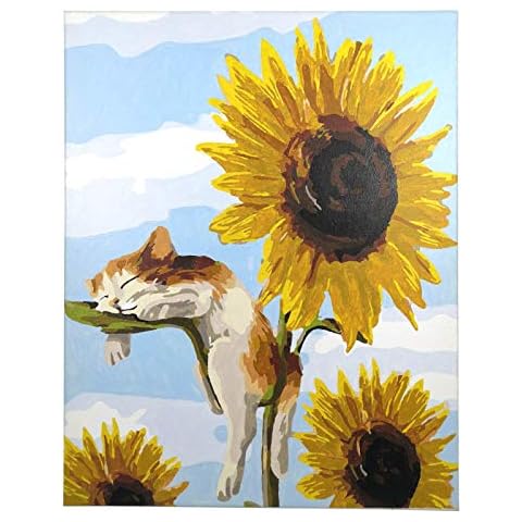 DIY Acrylic Paint by Numbers for Adults, VARACL Sunflowers and Cat Paint by Number Kits On Canvas, Painting by Numbers Kit with Paintbrushes for Beginner, Kids, Adults, 16X20 inch Cover