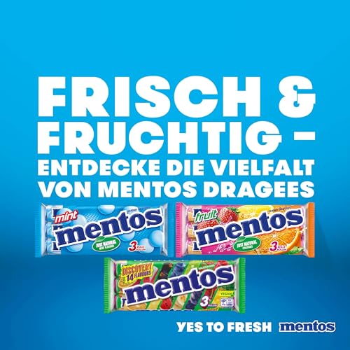Mentos Fruit Dragees, Frucht-Bonbons Orange, Zitrone & Erdbeere, Kaubonbons mit fruchtigem Geschmack, Süßigkeiten (4 Rollen), vegan