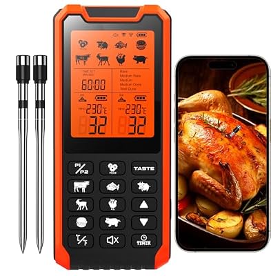 HOPEPOP Bluetooth Wireless Meat Thermometer Digital - NIST Certified Accuracy, Food Thermometer for Cooking with Standalone Base & App Control, 2 Meat Probes for Grill BBQ Smoker Oven (Orange)