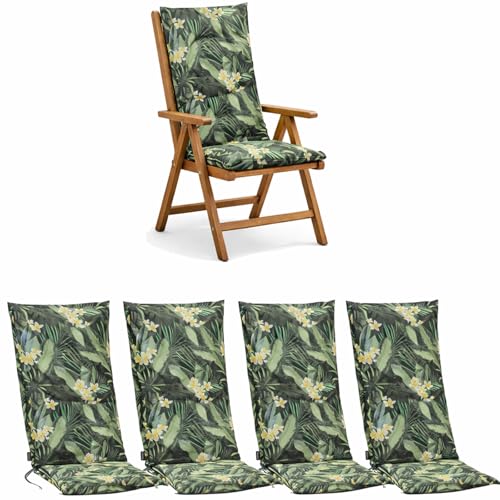 BURI 4X Auflagen Set Hochlehner für Gartenstühle 120x48x7cm Sesselauflagen Polster UV Lichtecht - Gartenstuhlauflagen Dschungel Muster Stuhlkissen mit Dicker Schaumstoff Füllung (Grün)