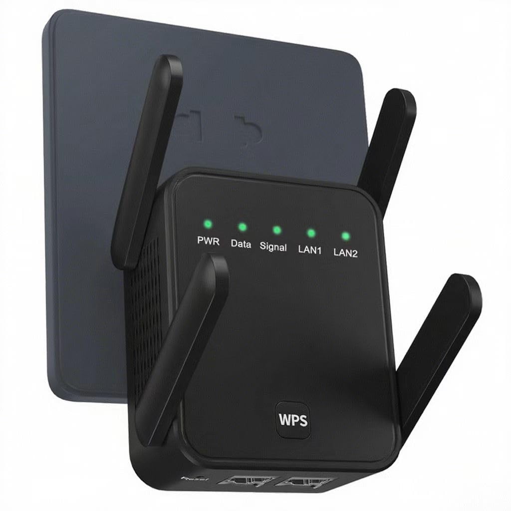 Repetidor WiFi,Amplificador Señal WiFi,4 Antenas, 2 Puertos LAN,3 Modos (Repetidor/Router/Ap), Cobertura de hasta 1200 pies Cuadrados,Repetidor WiFi Largo Alcance para Casa y Oficina
