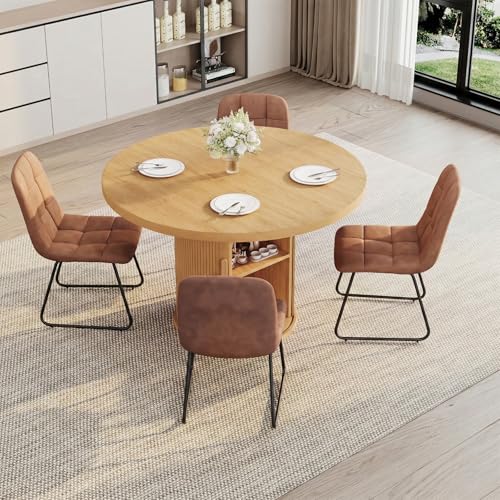 Image of 5-Piece Dining Set for Small Spaces 43.3 inch Round Table & 4 PU Leather Chairs, Modern Farmhouse with Storage Shelf, Apartment Kitchen Easy Assembly (Natural Color Round Table + 4 U-Shaped Brown Chairs)