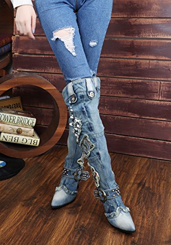 Lorie & Knight Women's Blue/Grey Jeans Knee High Boots Rivet Punk Stiletto Heel Pointed Toe Boots2