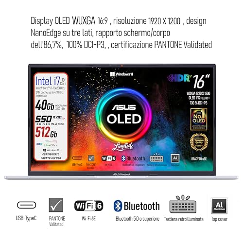 Notebok Vivobook OLED 16" pantone valitated, Intel I7 13620H, Ram 40Gb, SSDPci Nvme da 512Gb, Windows 11, wi-fi 6, webcam, Usb3.2, Hdmi, Bt5.3, Tastiera retroilluminata, Preconfigurato - Scheda madre - Immagine 1