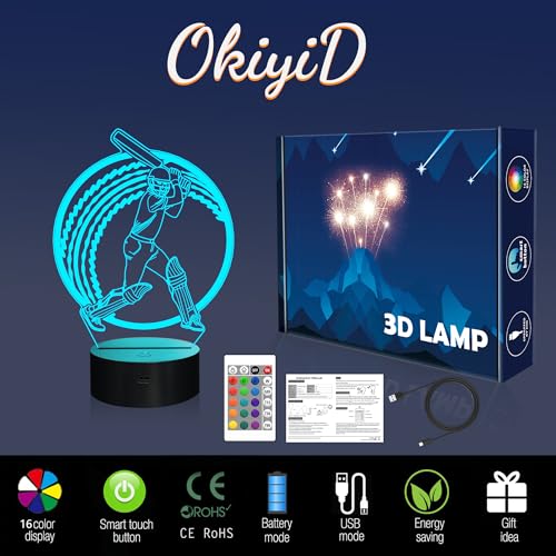 Image of OkiyiD Cricket Gifts for Boys, Cricket Ball 3D Illusion Lamp Night Light with 16 Colors Remote Control, Cricket Accessories Stuff Gift for Boys Men Athletes Birthday Xmas Decor