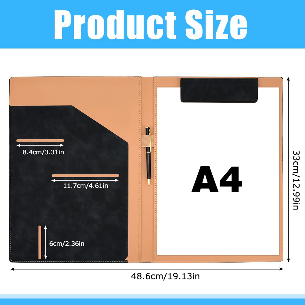 HEKOBAG Carpeta de Cuero para Documentos A4, Portadocumentos De Cuero Negro A4 Carpeta con bolígrafo Carpeta Portapapeles Carpeta Organizadora Personal Agend para conferencias entrevistas negocios