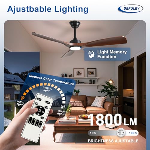 Image of Depuley 52-Inch Ceiling Fan with Light: Walnut 3 Blade Outdoor Fans for Patios - Dimmable Indoor Fan with Remote APP Control Ultra Quiet DC Motor Reversible 6 Speed Timer