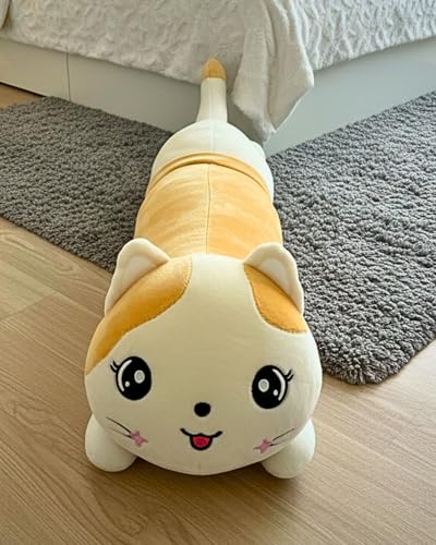 Image of Tickles Sleeping Cat Soft Stuffed Plush Animal Pillow for Kids Boys & Girls (Size: 35 cm Color: White & Brown)