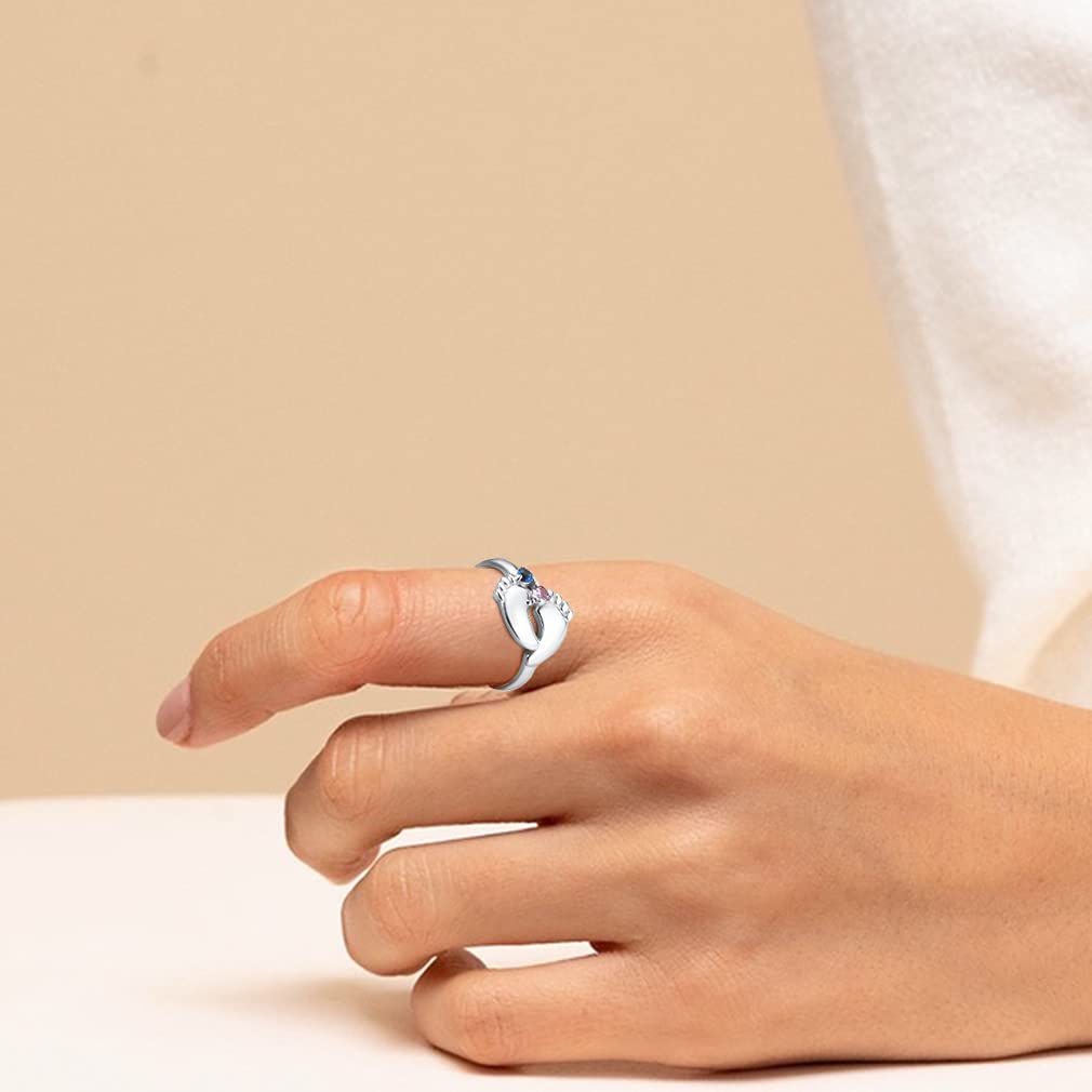 Custom4U Bague Argent 925 Femme Réglable 2 Prénoms Personnalisable Pieds de Bébé avec Pierre de Naissance