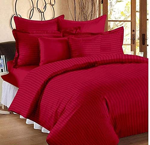 Image of Combo Pack of 2 Cotton Satin Stripes Plain Bedsheets for Double Bed with 4 Pillow Covers for Home, Hotels Rooms, Guest House (Color- Maroon & Red)