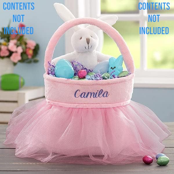 Personalization Universe Tutu Personalized Easter Basket, Embroidered Plush Bag with Tulle Tutu Dress, Perfect for Girls Easter Egg Hunts, Customizable with Name, 7x7 inches, Polyester - Pink