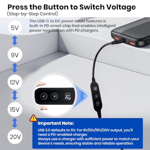Image of Verilux PD 65W Type C to DC Power Cord with 8 Connectors, 5V-20V Five-Speed Adjustable Power Design with Digital Display & Dual-Button, USB C to DC Converter for Laptops, Routers, Home Appliances