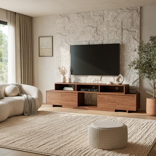 Extendable TV Stand for 65-100 Inches TVs - Walnut Entertainment Console with 2 Cabinets, 3 Open Compartments & 1 Adjustable Shelf, Cable Management, Adjustable Length 63''-94.5'' (Walnut, 63"-94.5")