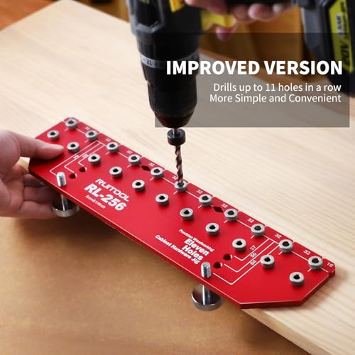 Image of RUITOOL Shelf Pin Jig 11 Holes, Self-contained Clamping Function All Metal Shelf Pin Drilling Jig with 1 /4 inch and 5mm Drill Bit, Shelf Hole Jig and Cabinet Hardware Jig Tool Drill Guide with Storage Bag