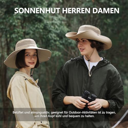 FLEERNIO Beige Unisex Erwachsene Sonnenhut, UV Schutz 50, Faltbar, Atmungsaktiv, Wasserresistent, Cowboy Stil, Für Outdoor Aktivitäten, Wandern, Angeln, Camping, Strand, Parks, Casual