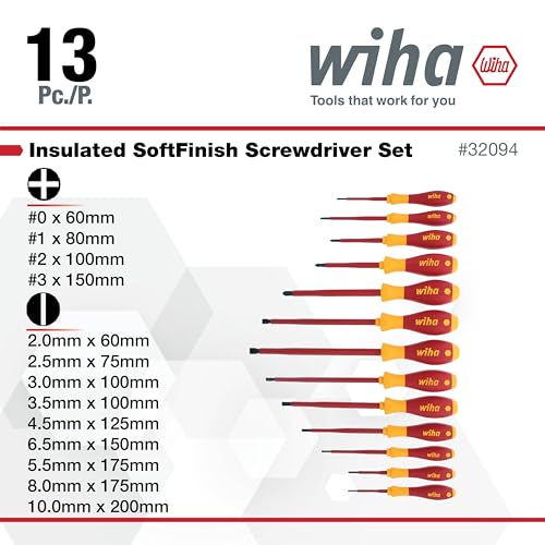 Image of Wiha 32094 Slotted & Phillips Insulated Screwdriver Set, 13 Piece, 1000V VDE, SoftFinish Handle, Black Oxide