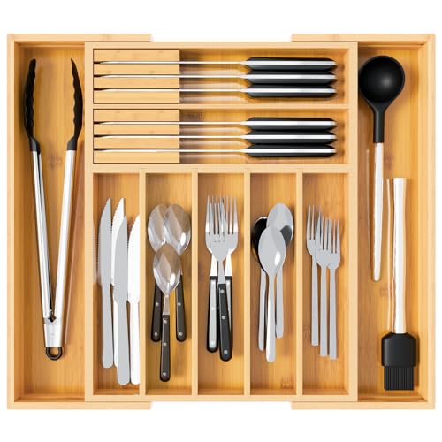 Dunruz Bamboo Expandable Drawer Organizer for Kitchen Utensils, Adjustable Silverware Tray with 9 Deep Slots for Large Spoons & Knives, Natural Wood Flatware Caddy for Cutlery Storage (Fits 13″-20″)