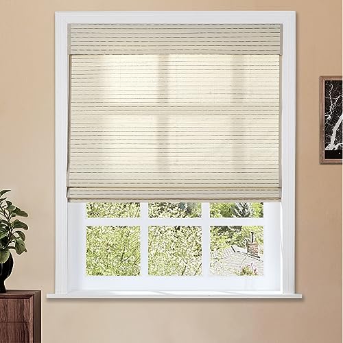 Image of TWOPAGES Ramie Bamboo Blind Cordless No Drill Roman Shade for Indoor Windows Light Filtering Custom Made Roman Window Shade Blackout, Beige White, 1 Piece