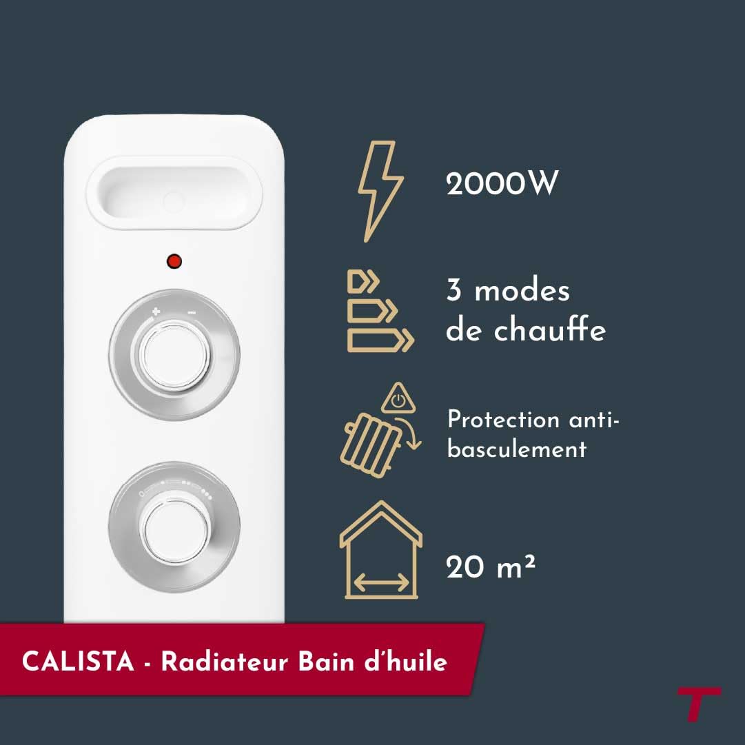 THOMSON - Radiateur mobile bain d'huile CALISTA 2000W blanc, protection contre le renversement et la surchauffe, avec thermostat réglable, silencieux, avec roulettes