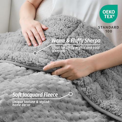 Wemore Fleece Weighted Blanket for Adults (48" x 72" 15lbs, Grey), Dual Sided Cozy Soft Sherpa Heavy Blanket, 3D Imitation Turtle Shell Warm Jacquard Flannel Weighted Blankets for Couch and Bed