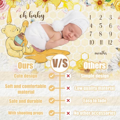 Image of Winnie Baby Milestone Blanket, Honey Themed Baby 12 Months Milestone Blanket, Winnie Photo Calendar Monthly Growth Chart, with 8PCS Double-sided Printed Cardstock, Christmas Decoration Photo Gift