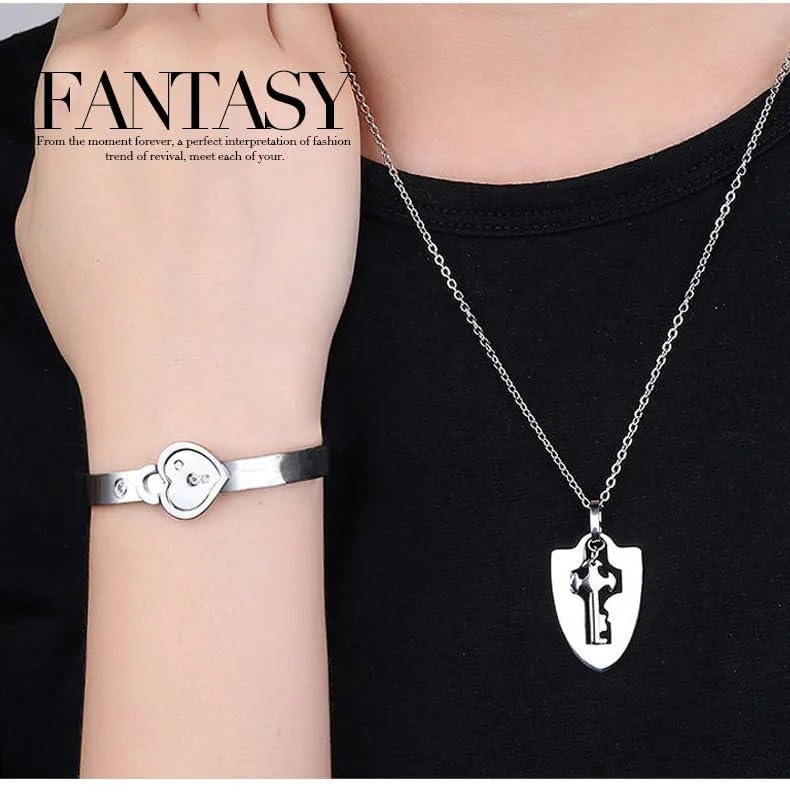 925 Sterling Silver Set of Lock Bracelet and Key Necklace - 14K Yellow Gold Lock Bracelet and Key Pendant Chain Necklaces - Heart Lock and Key Jewelry Merchandise for Women and Men4