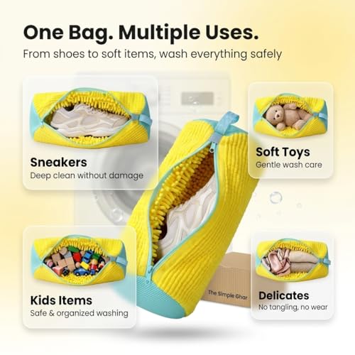 Image of Shoe Laundry Bag for Washing Machine, Reusable Zipper Plush Pouch for Sneakers, Delicates and Toys, 39cm, Yellow