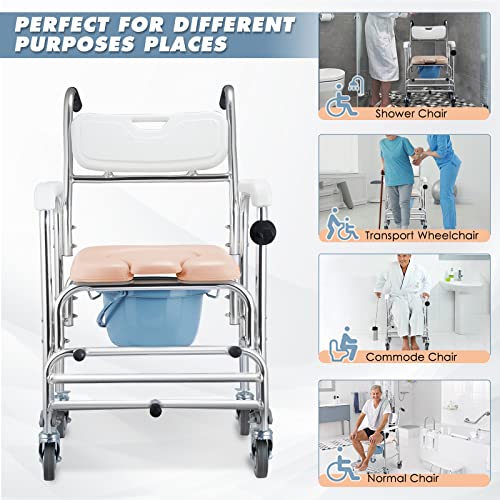 4 In 1 Shower Commode Wheelchair, Boeaster 350 Lbs Bedside Commode Transport Chair Toilet Rolling Shower Chair With Locking Casters Bath Wheelchair With Detachable Bucket #TOP6
