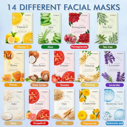 KONEUK 14 Pack Sheet Face Masks Skincare, Hydrating Face Masks Suitable for Dry Skin, Bulk Facial Mask Set for Women Skin Care, Face Mask Gifts Set for Face Spa - Image 4