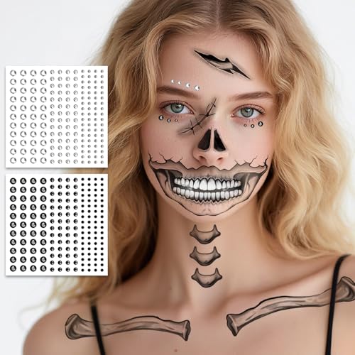 Leesgel Halloween Decorations- Skeleton Face Temporary Tattoos with Self Adhesive Face Gems Perfect for Halloween Costumes, Makeup, Party Favors, Stickers, Goodie Bag Stuffers for Women & Men, Adults