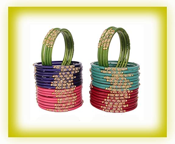 Image of NMII Glass with Zircon Gemstone and Beads Studded Bangle set for Women and Girls