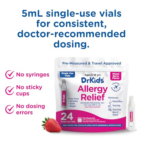 Image of Dr. Kids Children's Allergy Relief Medicine with Diphenhydramine HCl 12.5 mg - Pre-Measured Single-Use Vials, Kids Antihistamine for Sneezing, Runny Nose & Itchy Eyes, Mixed Berry Flavor, 24 Count