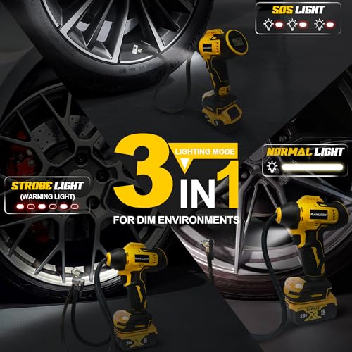 Image of 160PSI Tire Inflator Cordless for Dewalt 20V Max Battery, Tool Only | Portable Air Inflator with Pressure Gauge, Auto-Shut Off, Fast Inflation, LED Light, Tire Pump for Car Motorcycle Bike Ball
