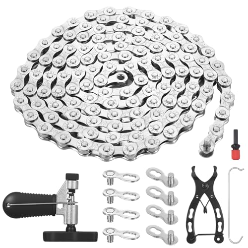 Catena Bicicletta, Catene a 6/7/8 Velocità, Catena 1/2 x 3/32 Pollice per Mountain Bike e Bici da Corsa, con pinza/rompicatena per bicicletta, 4 paia lucchetti per Catene MTB