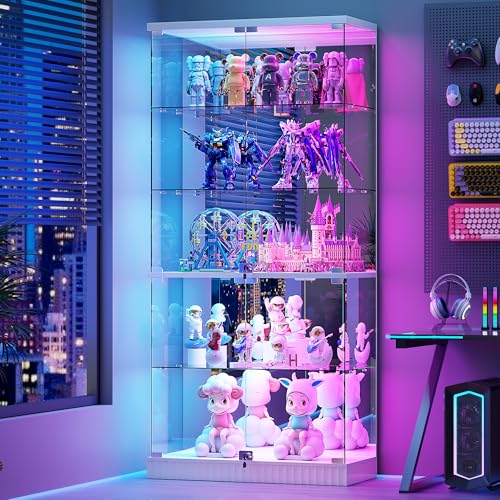 RGB Glass Display Cabinet with Lights, Modern Curio Cabinet Display Cases for Collectibles, Locking Showcase Cabinet with 5-Tier Shelves, Tall Bookcase w/ Human Body Sensor for Living Room (