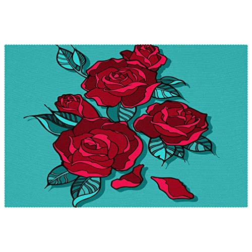 Sets de table lavables en tissu Oxford résistant chaleur roses rouges - 2