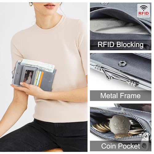 CONTACTS Full Grain Leather Kiss Lock Wallet for Women Kiss Clasp Coin Purse Vintage Small Bifold Wallet with Rfid Blocking (Grey)3
