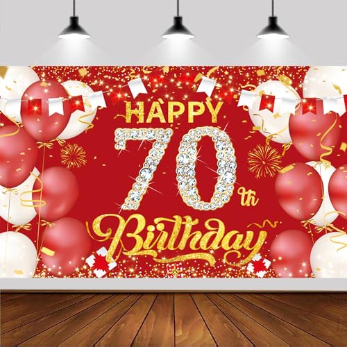 6x3.6FT Red Gold 70th Happy Birthday Backdrop,Red Gold Happy Birthday Photography Background Banner for Birthday Party Backdrop for Men Women Birthday Party Supplies Decoration.