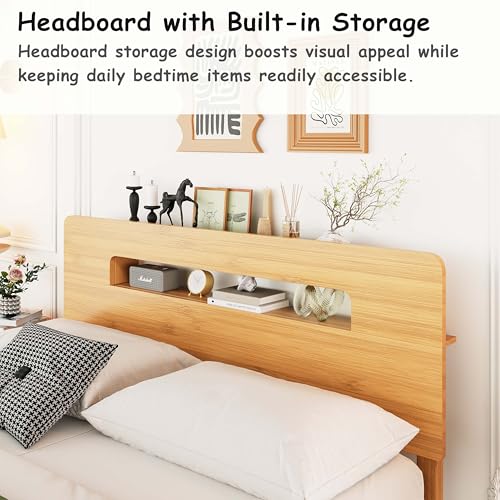 Image of ZIYOO Twin XL Bamboo Bed Frame 14 Inch, Built-in Headboard Storage, Heavy Duty, No Box Spring Needed, Easy Assembly, Noise-Free