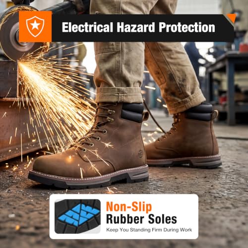 Image of NINGO Steel Toe Work Boots for Men, Water Resistant Crazy Horse Leather | Comfortable Lightweight Non Slip Work Shoes, EH Protection Steel Toe Boots, Arch Support, Construction Industrial Warehouse