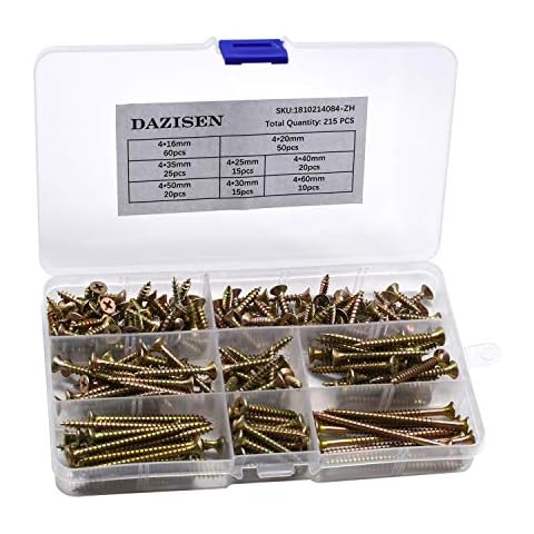 DAZISEN Chipboard Screw Assortment Kit - Zinc-Plated Extra Strength Assorted Wood Screws Ideal for Softwoods Hardwoods and Chipboard, Style B (215pcs) Cover