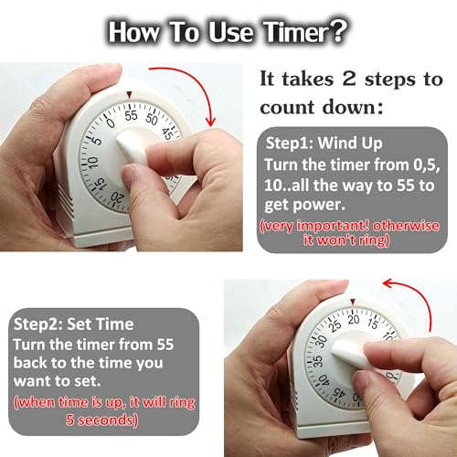 60 Minute Wind Up Timer, Visual Mechanical Timer with Loud Alarm, Manual Countdown Timers for Classroom, Home, Study and Cooking (White) - Image 3