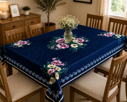 Image of Floral Dining Table Cover for 4 Seater | 58 x 38 Inch Rectangle Polyester Table Cloth | Washable Fabric Table Cover for Dining Table | Dust & Scratch Protection | Blue Saffron