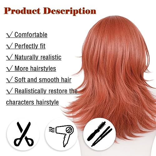 Image of LABEAUTE Anime Dark Orange Wig for Girls Women Cosplay Wig Long Curly Cosplay Wig with Bangs for CSM + Cap