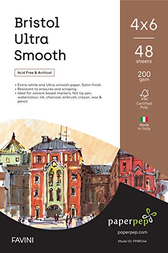 PaperPep Artists' Bristol Ultra Smooth Paper 200GSM 4"X6" Pack of 48 For solvent based markers, felt tip pen, ink, charcoal, airbrush, crayon, wax, illustration, design & manga for Artists' & Amateurs