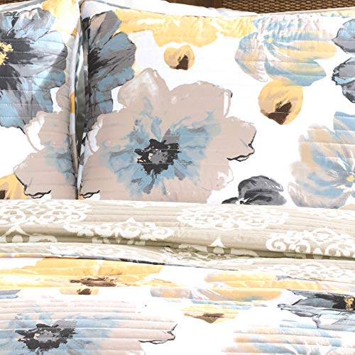 Image of Lush Decor Leah Reversible Floral Quilt Set, 3 Piece Set, Full / Queen, Yellow & Gray - Watercolor Botanical - Cottage Core - French Country Decor- Bedding Queen Size