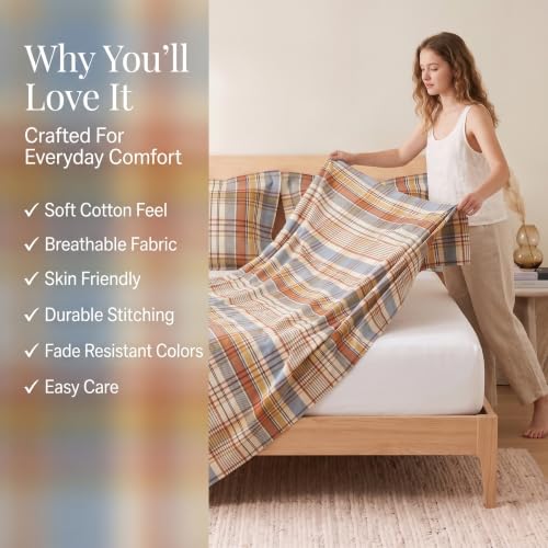 Image of BSB HOME 240 TC Cotton Feel Bedsheet with 2 Pillow Covers, Soft & Breathable Printed Double Bed Sheet for Bedroom, Fade Resistant & Easy Care - 90 x 100 Inches (228 x 254 cm) - Chambray Blue Plaid