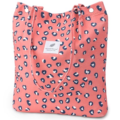 Bolso de mano de pana para mujer, bolso de lona con cordón de hombro con bolsillo interior, Pink Leopard, Large