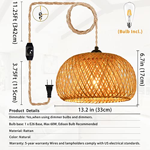 Ayshwilldec Plug In Pendant Light Rattan Pendant Light Wicker Light Fixtures With 15Ft Plug In Hemp Rope Cord Drum Chandelier Boho Woven Rattan Lampshade Hanging Lamp (Dimmerable Bulb Incl.) #TOP2
