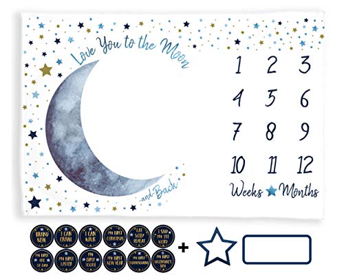 Image of Stars Baby Monthly Milestone Blanket, Infant Months Boy Newborn Photography Background Photo Prop Mat, Baby Shower, I Love You to The Moon and Back Nursery (Blue Moon, Minky 60"x40")